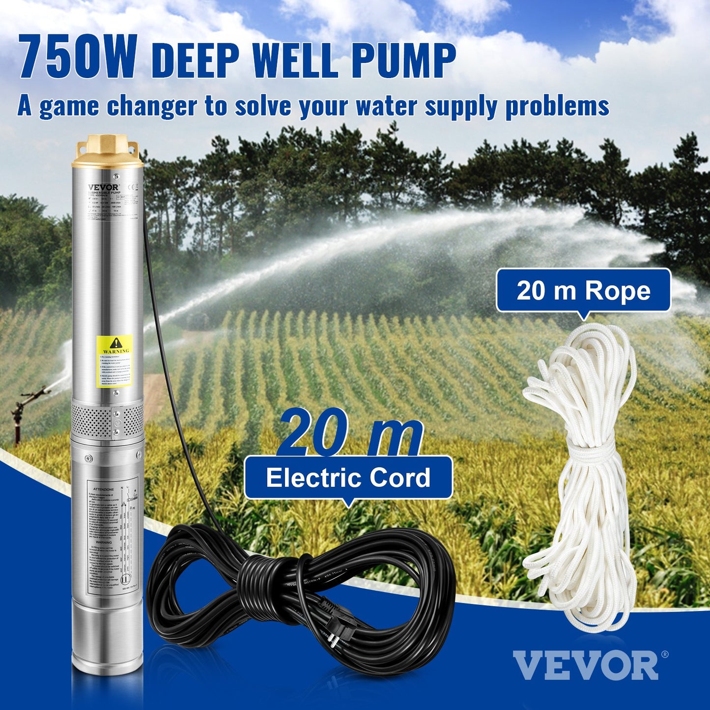 Tiefbrunnen-Tauchpumpe, 750 W, 230 V/50 Hz, 100 l/min, 66 m Förderhöhe, sandbeständig (&lt; 5 %), 20 m Netzkabel, 7,6 cm Edelstahl-Wasserpumpe für Industrie, Bewässerung und Haushalt, IP68 wasserdicht