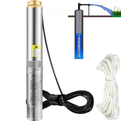 Tiefbrunnen-Tauchpumpe, 750 W, 230 V/50 Hz, 105 l/min, 62 m Förderhöhe, sandbeständig (&lt; 5 %), 20 m Netzkabel, 8,9 cm Edelstahl-Wasserpumpe für Industrie, Bewässerung und Haushalt, IP68 wasserdicht