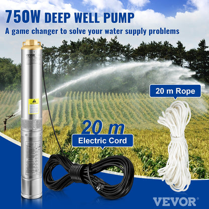 Tiefbrunnen-Tauchpumpe, 750 W, 230 V/50 Hz, 105 l/min, 62 m Förderhöhe, sandbeständig (&lt; 5 %), 20 m Netzkabel, 8,9 cm Edelstahl-Wasserpumpe für Industrie, Bewässerung und Haushalt, IP68 wasserdicht