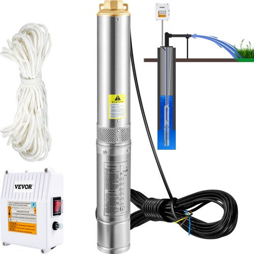 Tiefbrunnen-Tauchpumpe, 370 W, 230 V/50 Hz, 110 l/min, 44 m Förderhöhe, mit 20 m Kabel und externem Steuergerät, 10,2 cm Edelstahl-Wasserpumpe für Industrie, Bewässerung und Haushalt, IP68 wasserdicht