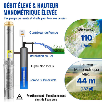 Tiefbrunnen-Tauchpumpe, 370 W, 230 V/50 Hz, 110 l/min, 44 m Förderhöhe, mit 20 m Kabel und externem Steuergerät, 10,2 cm Edelstahl-Wasserpumpe für Industrie, Bewässerung und Haushalt, IP68 wasserdicht
