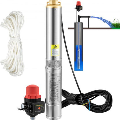Tiefbrunnen-Tauchpumpe, 550 W, 230 V/50 Hz, 50 l/min, 89 m Förderhöhe, 20 m Kabel und automatischer Druckschalter, 8,2 cm Edelstahl-Wasserpumpe für Industrie, Bewässerung und Haushalt, IP68 wasserdicht
