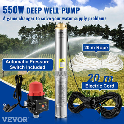 Tiefbrunnen-Tauchpumpe, 550 W, 230 V/50 Hz, 50 l/min, 89 m Förderhöhe, 20 m Kabel und automatischer Druckschalter, 8,2 cm Edelstahl-Wasserpumpe für Industrie, Bewässerung und Haushalt, IP68 wasserdicht