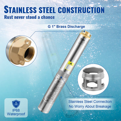 Tiefbrunnen-Tauchpumpe, 550 W, 230 V/50 Hz, 50 l/min, 89 m Förderhöhe, 20 m Kabel und automatischer Druckschalter, 8,2 cm Edelstahl-Wasserpumpe für Industrie, Bewässerung und Haushalt, IP68 wasserdicht