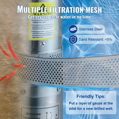 Tiefbrunnen-Tauchpumpe, 550 W, 230 V/50 Hz, 50 l/min, 89 m Förderhöhe, 20 m Kabel und automatischer Druckschalter, 8,2 cm Edelstahl-Wasserpumpe für Industrie, Bewässerung und Haushalt, IP68 wasserdicht