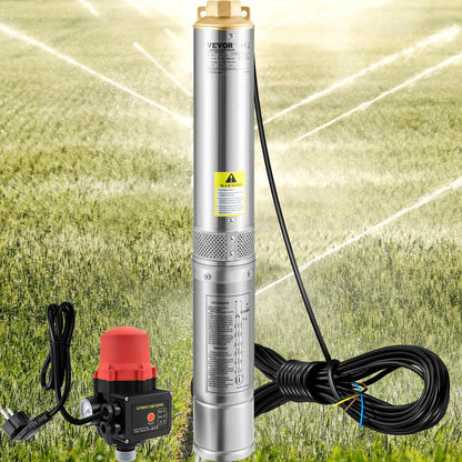 Tiefbrunnen-Tauchpumpe, 550 W, 230 V/50 Hz, 50 l/min, 89 m Förderhöhe, 20 m Kabel und automatischer Druckschalter, 8,2 cm Edelstahl-Wasserpumpe für Industrie, Bewässerung und Haushalt, IP68 wasserdicht
