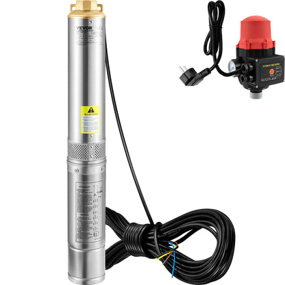 Tiefbrunnen-Tauchpumpe, 550 W, 230 V/50 Hz, 50 l/min, 89 m Förderhöhe, 20 m Kabel und automatischer Druckschalter, 8,2 cm Edelstahl-Wasserpumpe für Industrie, Bewässerung und Haushalt, IP68 wasserdicht
