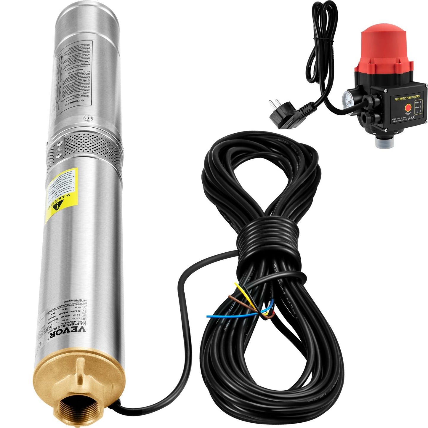 Tiefbrunnen-Tauchpumpe, 550 W, 230 V/50 Hz, 50 l/min, 89 m Förderhöhe, 20 m Kabel und automatischer Druckschalter, 8,2 cm Edelstahl-Wasserpumpe für Industrie, Bewässerung und Haushalt, IP68 wasserdicht