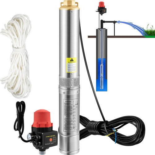 Tiefbrunnen-Tauchpumpe, 750 W, 230 V/50 Hz, 105 l/min, 62 m Förderhöhe, 20 m Kabel und automatischer Druckschalter, 8,9 cm Edelstahl-Wasserpumpe für Industrie, Bewässerung und Haushalt, IP68 wasserdicht
