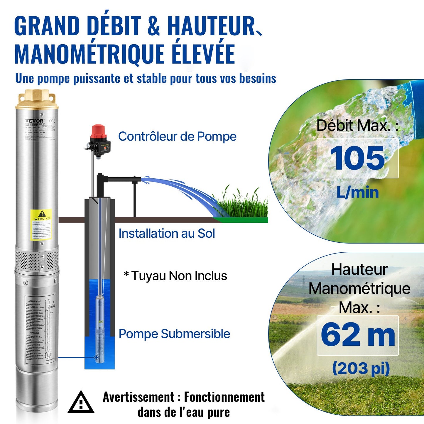 Tiefbrunnen-Tauchpumpe, 750 W, 230 V/50 Hz, 105 l/min, 62 m Förderhöhe, 20 m Kabel und automatischer Druckschalter, 8,9 cm Edelstahl-Wasserpumpe für Industrie, Bewässerung und Haushalt, IP68 wasserdicht