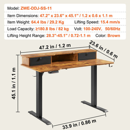 Höhenverstellbarer Schreibtisch, 120 x 60 cm, elektrischer Doppelmonitor-Arbeitsplatz, durchgehende Tischplatte, höhenverstellbar, 3-Tasten-Modus, robustes Doppelmetallgestell, Tragkraft 82 kg, für Computer, Homeoffice