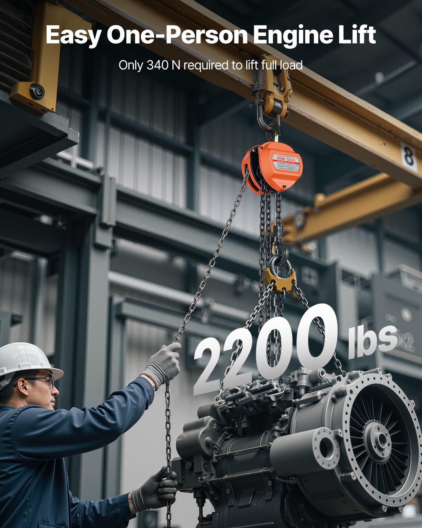 Hand Chain Hoist, 1 Ton 2200 lbs Capacity, Manual Chain Block with Upgrade G80 Galvanized Chain, 3 m Lifting Height, Heavy Duty Pulley Hoist for Garage Warehouse Automotive Machinery, Orange