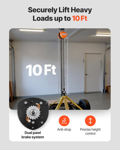 Hand Chain Hoist, 1 Ton 2200 lbs Capacity, Manual Chain Block with Upgrade G80 Galvanized Chain, 3 m Lifting Height, Heavy Duty Pulley Hoist for Garage Warehouse Automotive Machinery, Orange