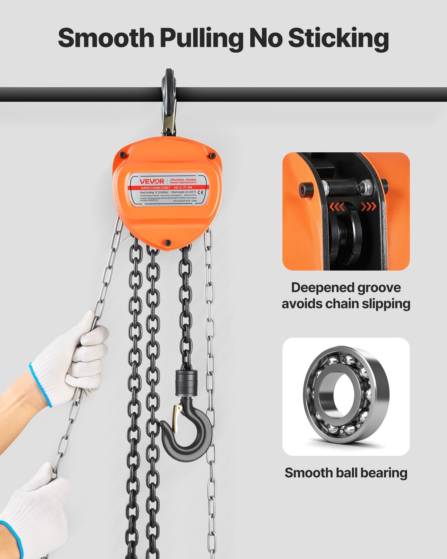 Hand Chain Hoist, 1 Ton 2200 lbs Capacity, Manual Chain Block with Upgrade G80 Galvanized Chain, 3 m Lifting Height, Heavy Duty Pulley Hoist for Garage Warehouse Automotive Machinery, Orange