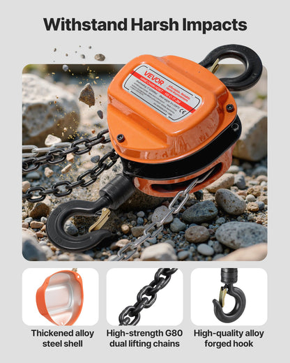 Hand Chain Hoist, 1 Ton 2200 lbs Capacity, Manual Chain Block with Upgrade G80 Galvanized Chain, 3 m Lifting Height, Heavy Duty Pulley Hoist for Garage Warehouse Automotive Machinery, Orange