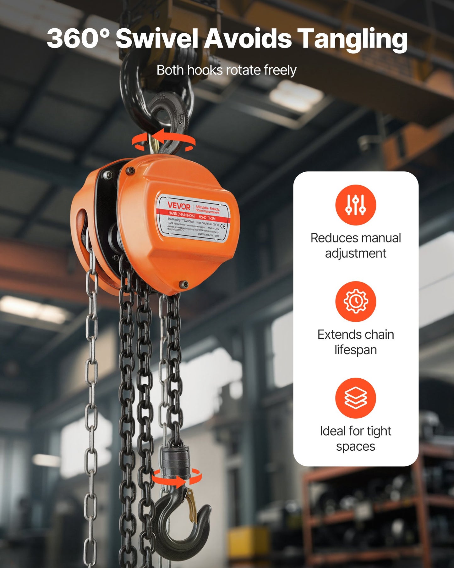 Hand Chain Hoist, 1 Ton 2200 lbs Capacity, Manual Chain Block with Upgrade G80 Galvanized Chain, 3 m Lifting Height, Heavy Duty Pulley Hoist for Garage Warehouse Automotive Machinery, Orange