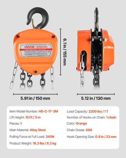 Hand Chain Hoist, 1 Ton 2200 lbs Capacity, Manual Chain Block with Upgrade G80 Galvanized Chain, 3 m Lifting Height, Heavy Duty Pulley Hoist for Garage Warehouse Automotive Machinery, Orange