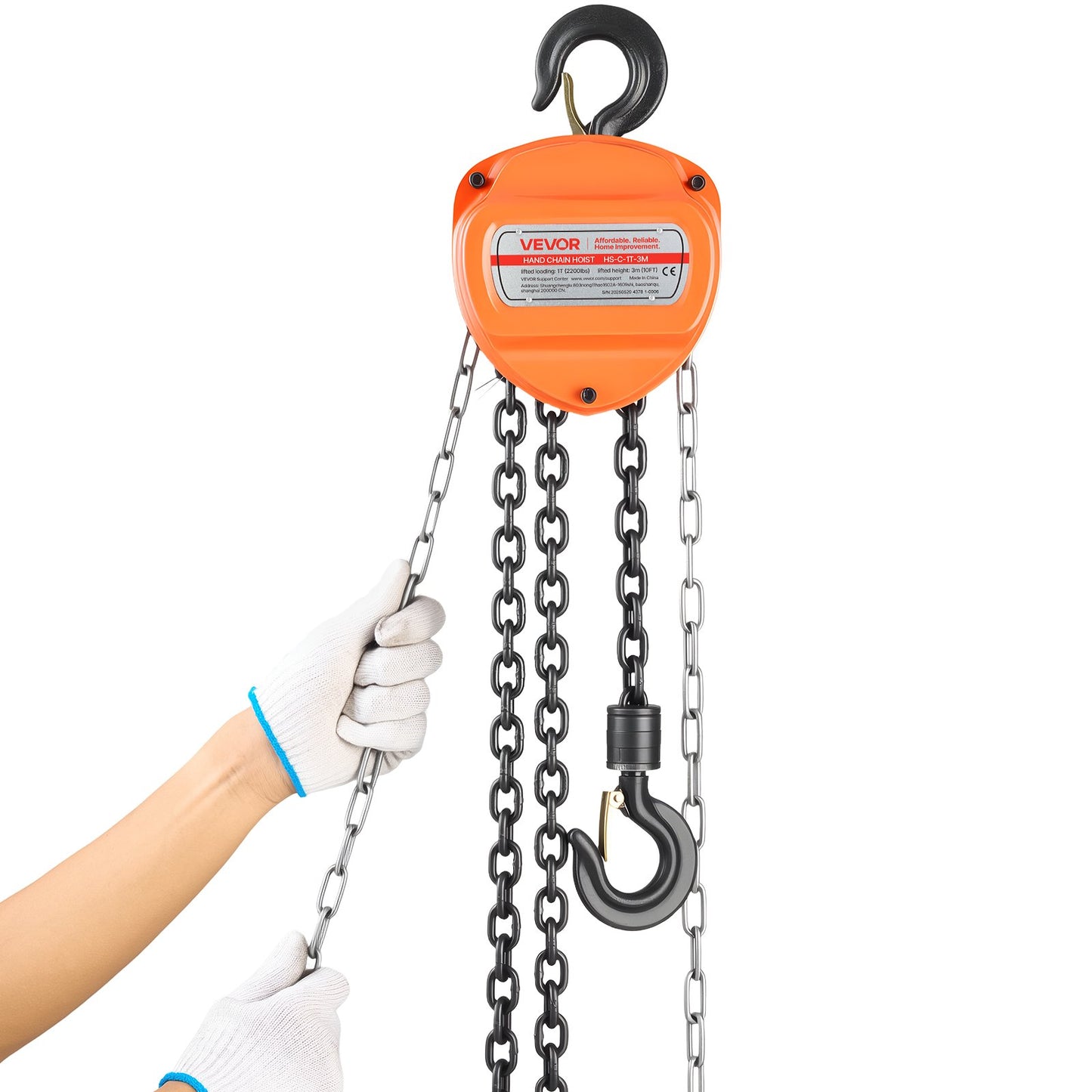 Hand Chain Hoist, 1 Ton 2200 lbs Capacity, Manual Chain Block with Upgrade G80 Galvanized Chain, 3 m Lifting Height, Heavy Duty Pulley Hoist for Garage Warehouse Automotive Machinery, Orange