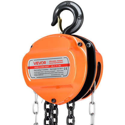 Hand Chain Hoist, 1 Ton 2200 lbs Capacity, Manual Chain Block with Upgrade G80 Galvanized Chain, 3 m Lifting Height, Heavy Duty Pulley Hoist for Garage Warehouse Automotive Machinery, Orange