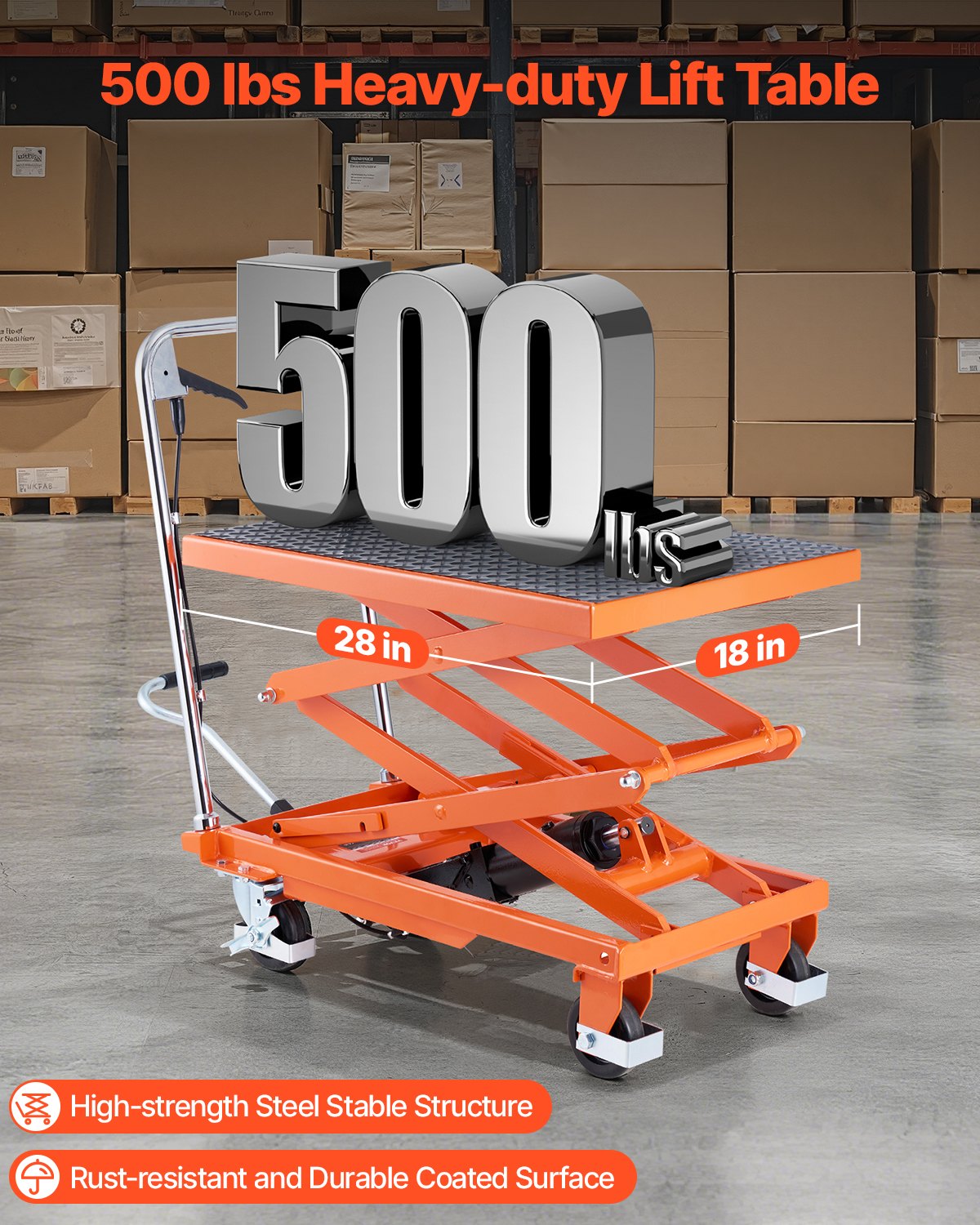 Hydraulic Lift Table, 500 lbs Capacity, 47.2" Lifting Height, Double Scissor Lift Table Cart with 4 Wheels and Non-slip Pad, Manual Hydraulic Lifting Cart for Material Handling & Transportation