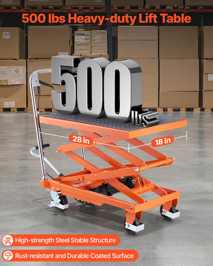 Hydraulic Lift Table, 500 lbs Capacity, 47.2" Lifting Height, Double Scissor Lift Table Cart with 4 Wheels and Non-slip Pad, Manual Hydraulic Lifting Cart for Material Handling & Transportation