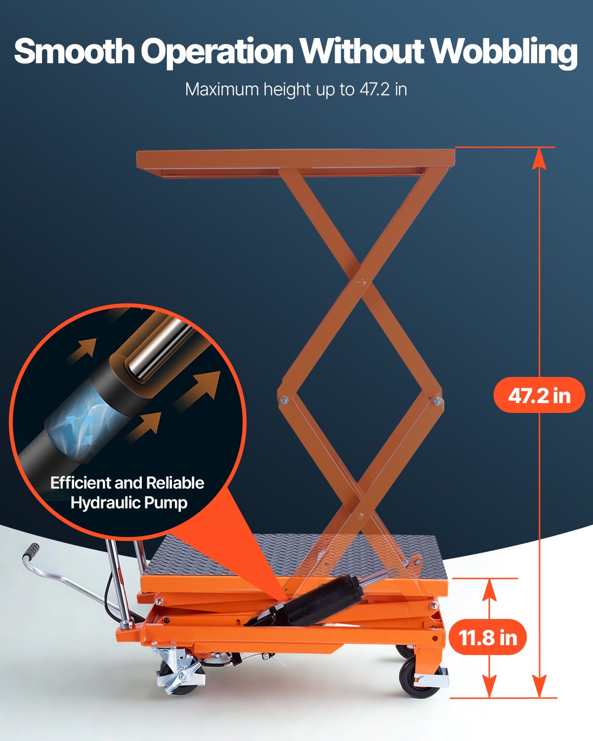 Hydraulic Lift Table, 500 lbs Capacity, 47.2" Lifting Height, Double Scissor Lift Table Cart with 4 Wheels and Non-slip Pad, Manual Hydraulic Lifting Cart for Material Handling & Transportation
