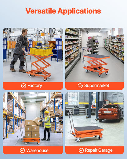 Hydraulic Lift Table, 500 lbs Capacity, 47.2" Lifting Height, Double Scissor Lift Table Cart with 4 Wheels and Non-slip Pad, Manual Hydraulic Lifting Cart for Material Handling & Transportation