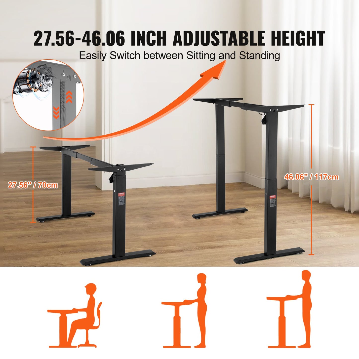 Stehschreibtischgestell, höhenverstellbar von 70 bis 117 cm und längenverstellbar von 95 bis 158 cm, elektrisch verstellbare Stehschreibtischbeine, ergonomische DIY-Arbeitsplatzbasis für Zuhause und Büro (nur schwarzes Gestell)