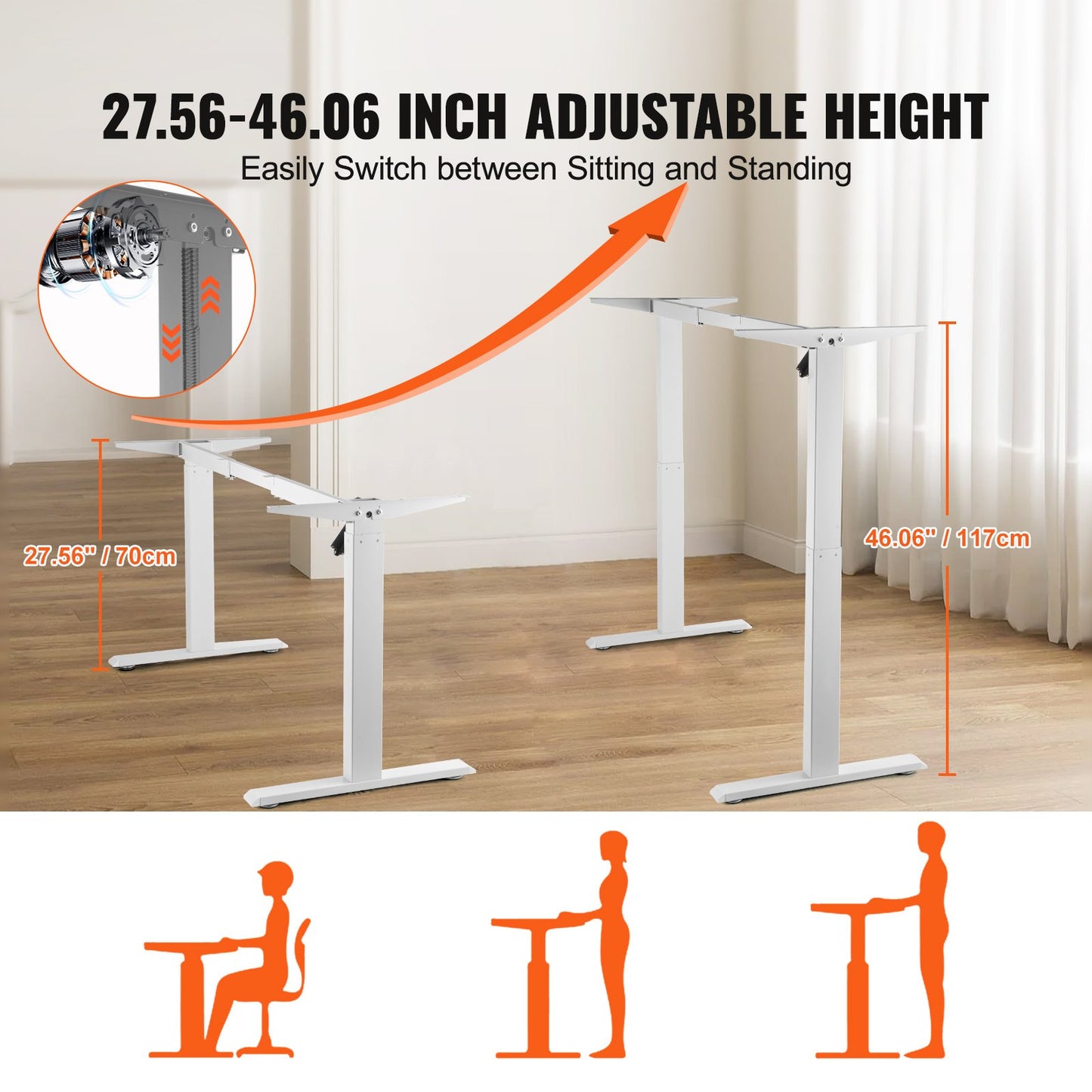 Standing Desk Frame, Adjustable 70-117 cm Height & 95-158 cm Length Electric Stand Up Computer Desk Legs, Ergonomic DIY Workstation Base for Home and Office (White Frame Only)