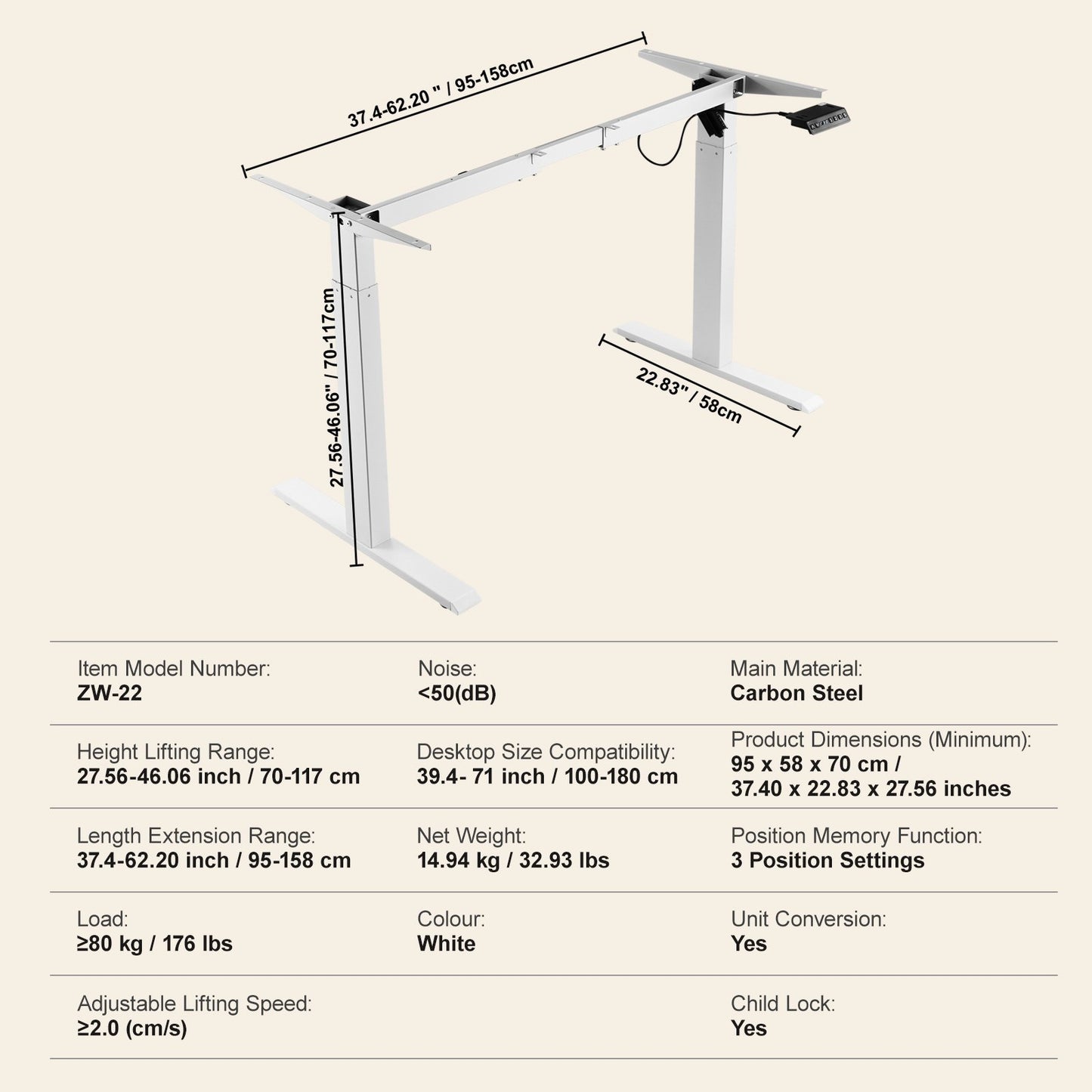 Standing Desk Frame, Adjustable 70-117 cm Height & 95-158 cm Length Electric Stand Up Computer Desk Legs, Ergonomic DIY Workstation Base for Home and Office (White Frame Only)