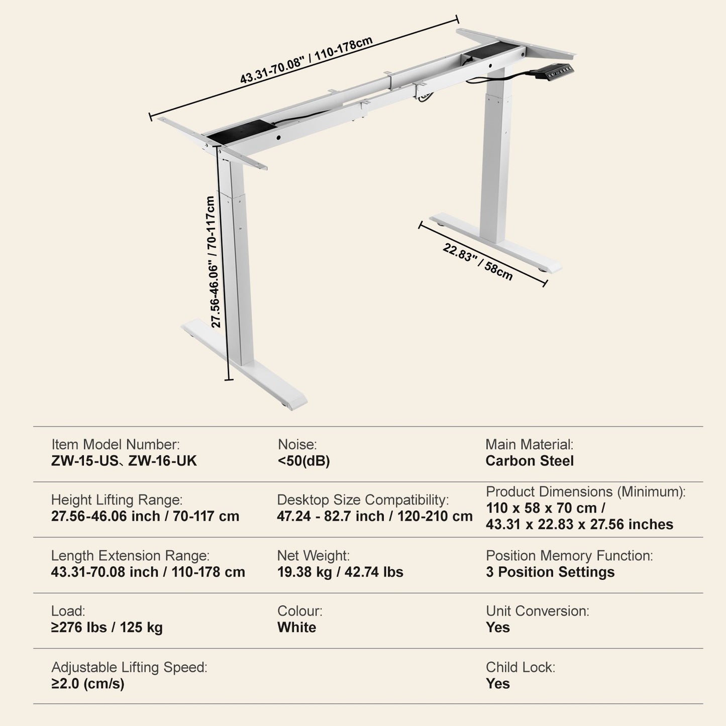 Stehschreibtischgestell mit Doppelmotor, höhenverstellbar von 70 bis 117 cm und längenverstellbar von 110 bis 178 cm, elektrisch verstellbare Stehschreibtischbeine, ergonomische DIY-Arbeitsplatzbasis für Zuhause und Büro (nur weißes Gestell)