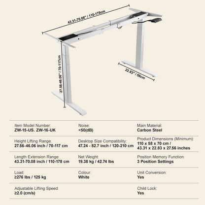 Stehschreibtischgestell mit Doppelmotor, höhenverstellbar von 70 bis 117 cm und längenverstellbar von 110 bis 178 cm, elektrisch verstellbare Stehschreibtischbeine, ergonomische DIY-Arbeitsplatzbasis für Zuhause und Büro (nur weißes Gestell)