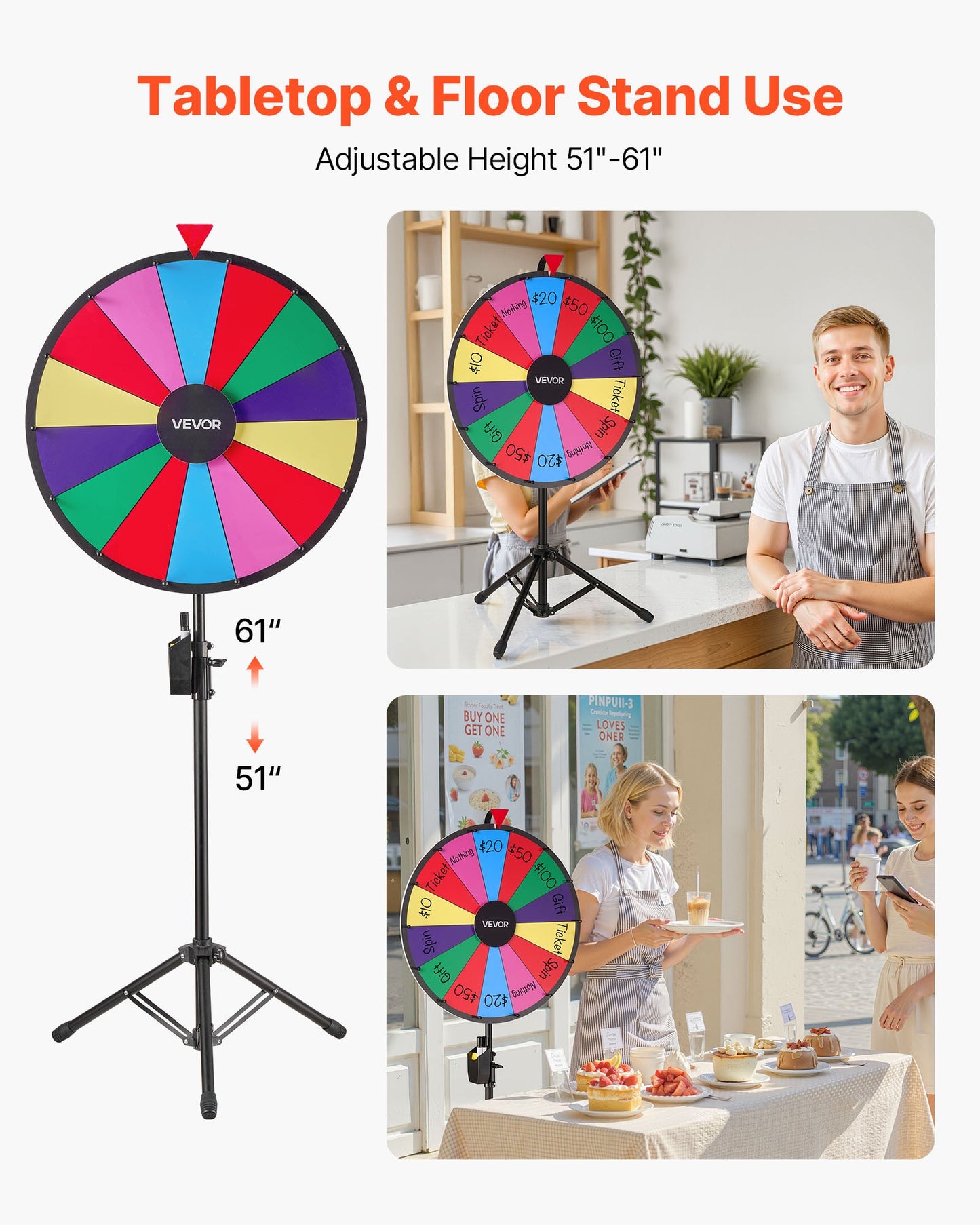 610 mm Spinning Prize Wheel, 14 Slots Spinning Wheel with Tripod, Adjustable Height Win Fortune Roulette with a Dry Erase and 2 Markers, 6 Colors, Easy Assembly, for Party Pub Trade Show Carnival
