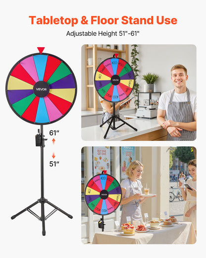 610 mm Spinning Prize Wheel, 14 Slots Spinning Wheel with Tripod, Adjustable Height Win Fortune Roulette with a Dry Erase and 2 Markers, 6 Colors, Easy Assembly, for Party Pub Trade Show Carnival