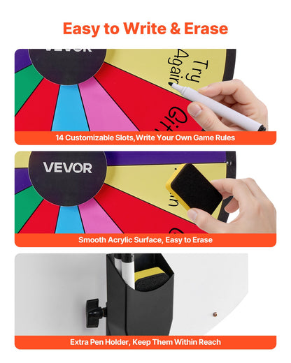 610 mm Spinning Prize Wheel, 14 Slots Spinning Wheel with Tripod, Adjustable Height Win Fortune Roulette with a Dry Erase and 2 Markers, 6 Colors, Easy Assembly, for Party Pub Trade Show Carnival