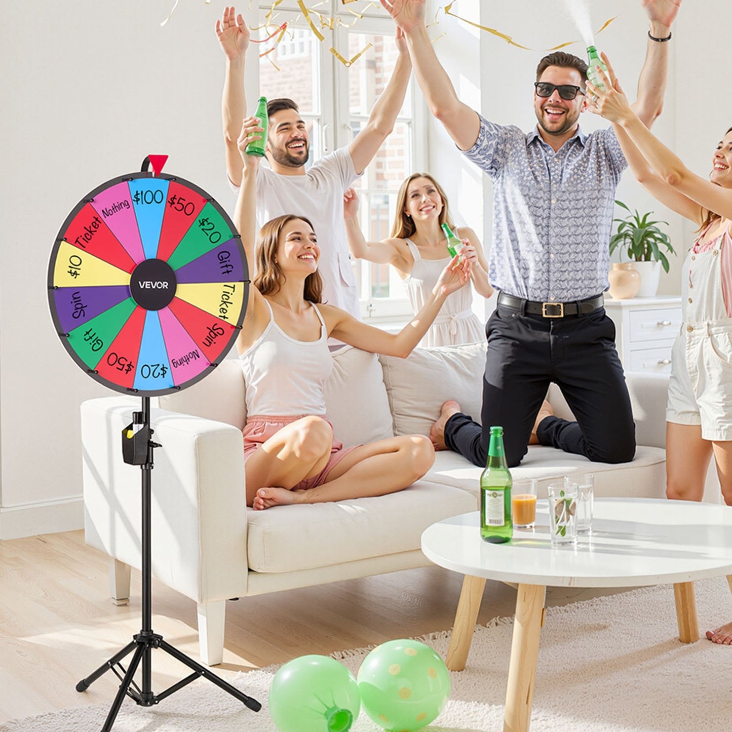610 mm Spinning Prize Wheel, 14 Slots Spinning Wheel with Tripod, Adjustable Height Win Fortune Roulette with a Dry Erase and 2 Markers, 6 Colors, Easy Assembly, for Party Pub Trade Show Carnival