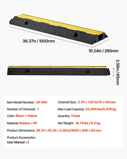 Kabelschutzrampe, Tragfähigkeit 9.979 kg/Achse, 1-Kanal-Kabelschutz aus robustem Gummi, 70 x 50 mm Kanal, Fahrbahnschwelle mit aufklappbarer Abdeckung, für den Innen- und Außenbereich, 1 Stück