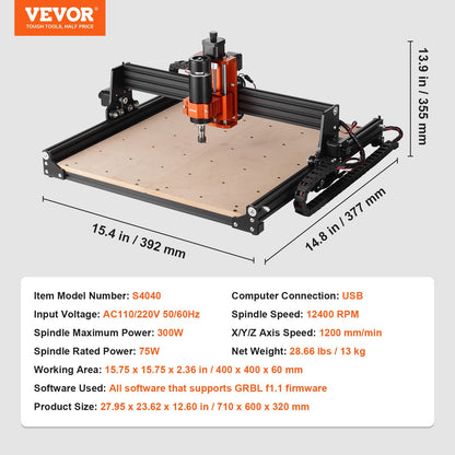 CNC Router Machine, 300W, 3 Axis GRBL Control Wood Engraving Carving Milling Machine Kit, 15.75 x 15.75 x 2.36 in / 400 x 400 x 60 mm Working Area 1200 RPM for Wood Acrylic MDF PVC Plastic Foam