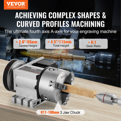 Dividing Head, K11-100mm 3-Jaw Chuck, CNC Router Milling Machine Rotational Axis 4th Axis A Axis Indexing Head, 66 mm(2.6")/65 mm Center Height MT2 Tailstock 6:1 Gear Ratio, Universal for Engraving