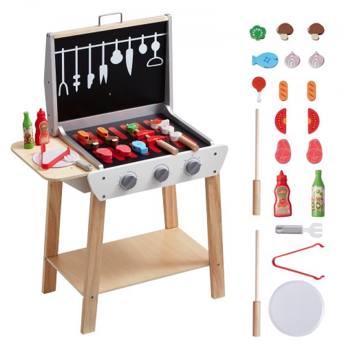 Spielzeuggrill aus Holz, Kindergrill-Set mit Spielzeugessen und Grillbesteck, Küchenzubehör aus Holz (21-teilig), Kochspielzeug für Kleinkinder ab 3 Jahren, Geschenkidee