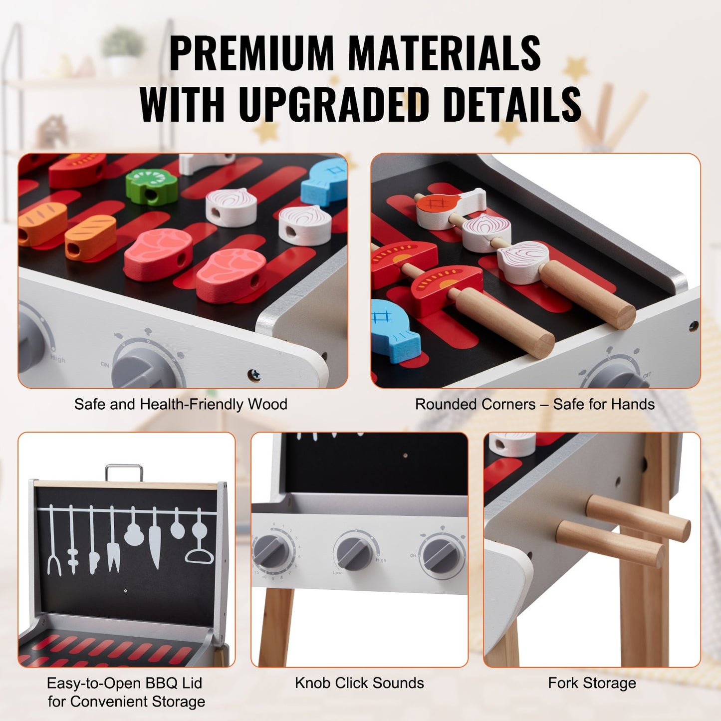 Spielzeuggrill aus Holz, Kindergrill-Set mit Spielzeugessen und Grillbesteck, Küchenzubehör aus Holz (21-teilig), Kochspielzeug für Kleinkinder ab 3 Jahren, Geschenkidee