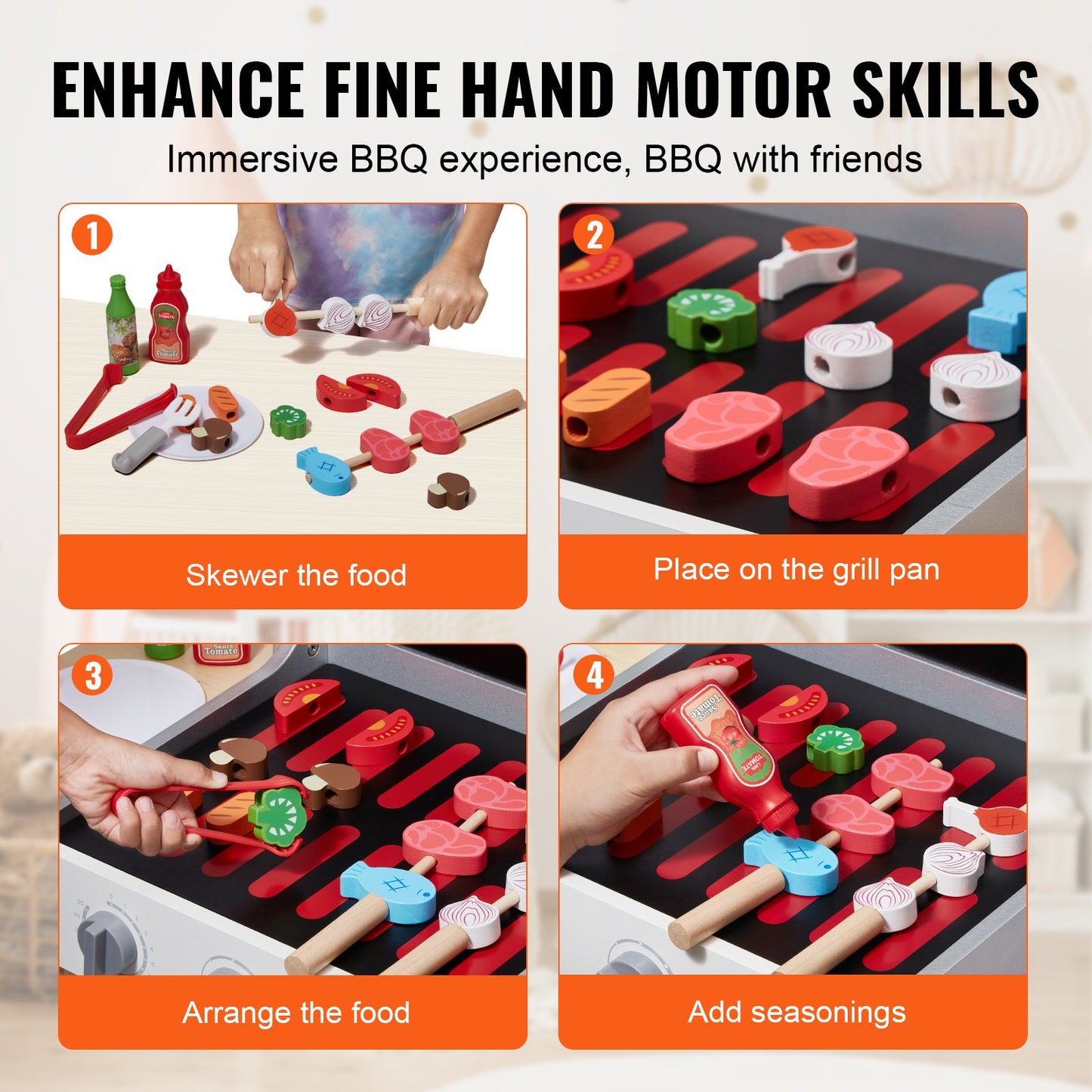 Spielzeuggrill aus Holz, Kindergrill-Set mit Spielzeugessen und Grillbesteck, Küchenzubehör aus Holz (21-teilig), Kochspielzeug für Kleinkinder ab 3 Jahren, Geschenkidee
