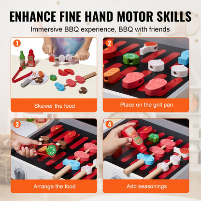 Spielzeuggrill aus Holz, Kindergrill-Set mit Spielzeugessen und Grillbesteck, Küchenzubehör aus Holz (21-teilig), Kochspielzeug für Kleinkinder ab 3 Jahren, Geschenkidee