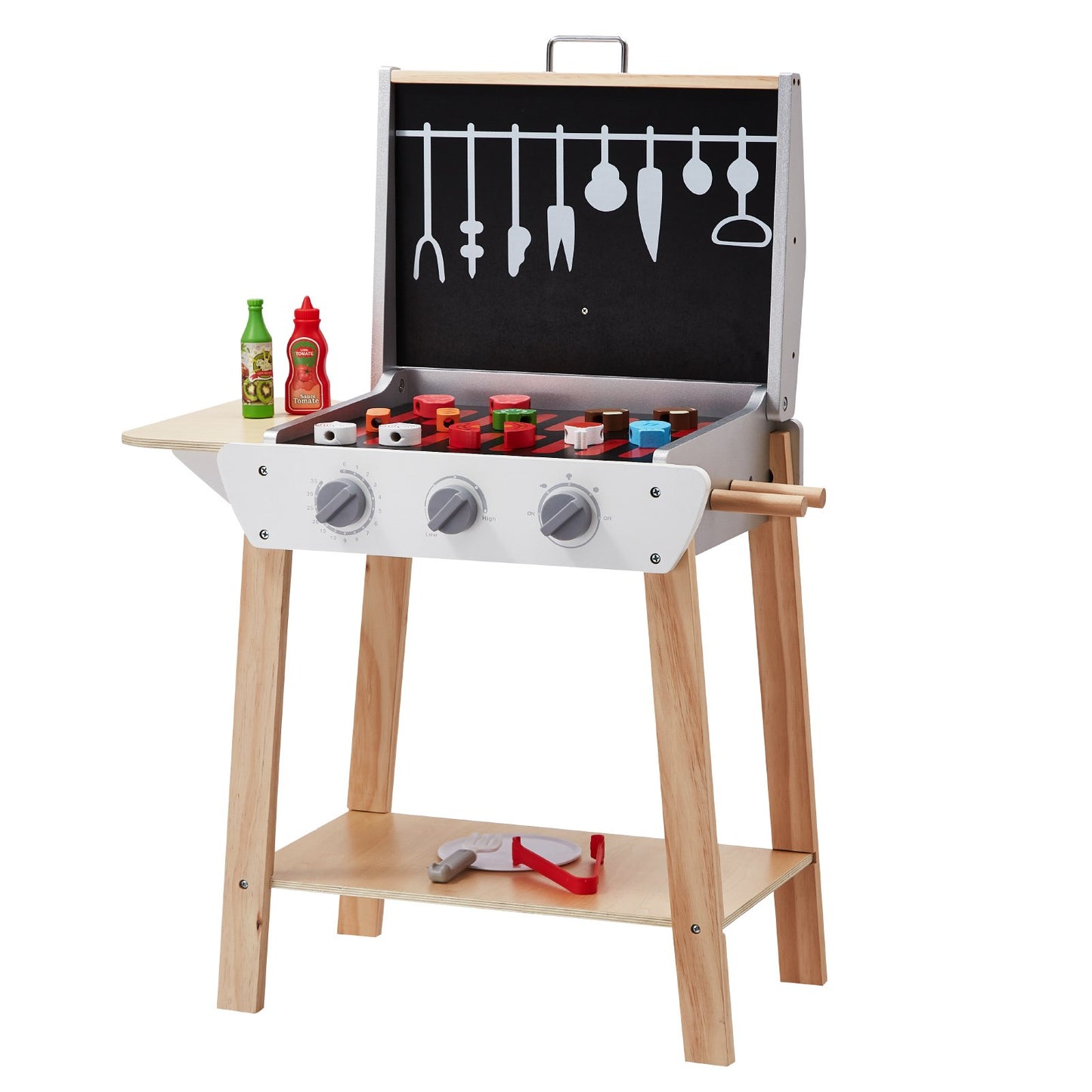 Spielzeuggrill aus Holz, Kindergrill-Set mit Spielzeugessen und Grillbesteck, Küchenzubehör aus Holz (21-teilig), Kochspielzeug für Kleinkinder ab 3 Jahren, Geschenkidee