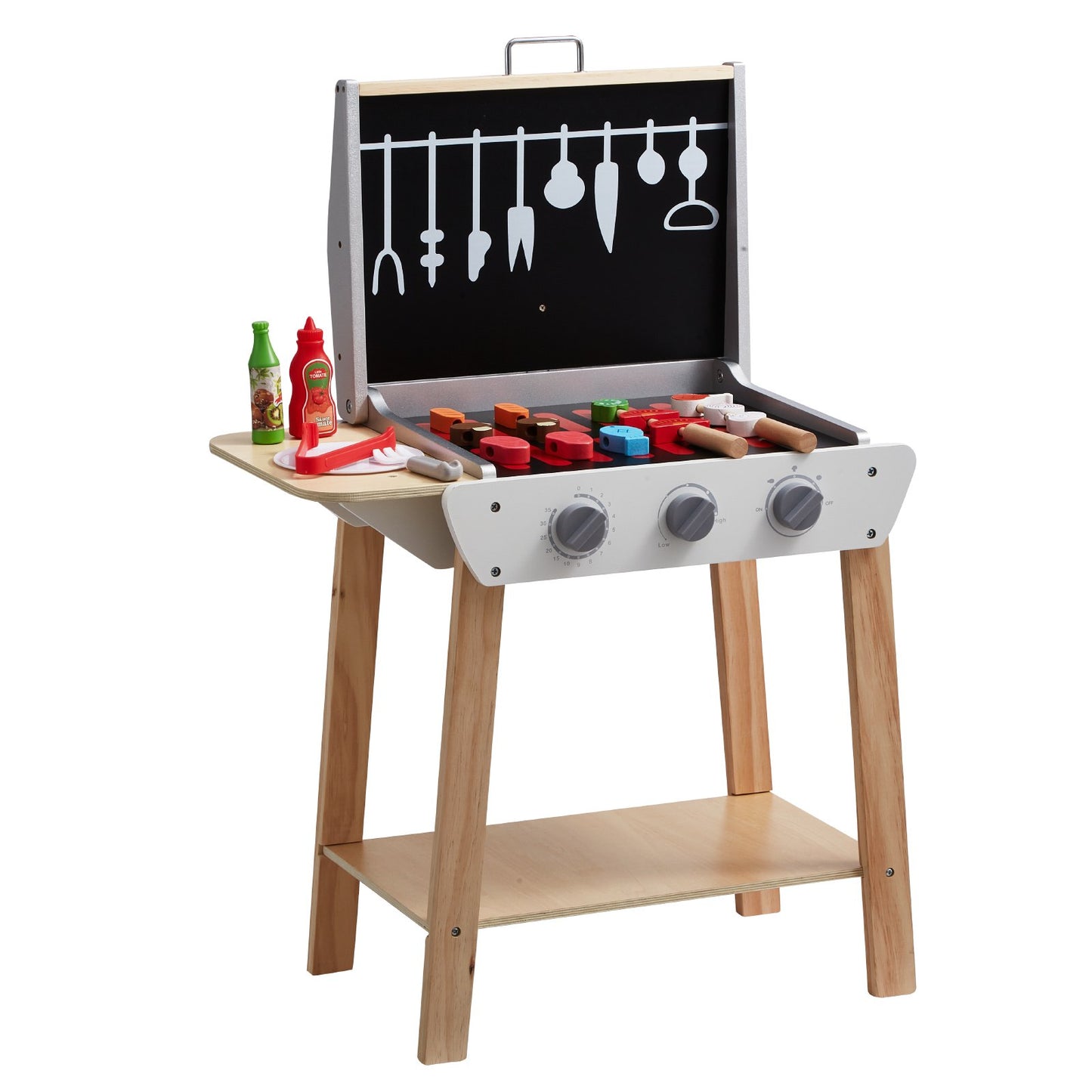 Spielzeuggrill aus Holz, Kindergrill-Set mit Spielzeugessen und Grillbesteck, Küchenzubehör aus Holz (21-teilig), Kochspielzeug für Kleinkinder ab 3 Jahren, Geschenkidee