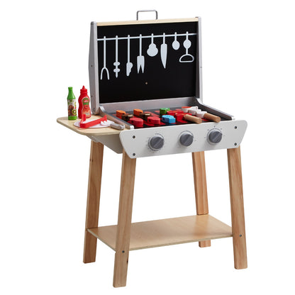 Spielzeuggrill aus Holz, Kindergrill-Set mit Spielzeugessen und Grillbesteck, Küchenzubehör aus Holz (21-teilig), Kochspielzeug für Kleinkinder ab 3 Jahren, Geschenkidee
