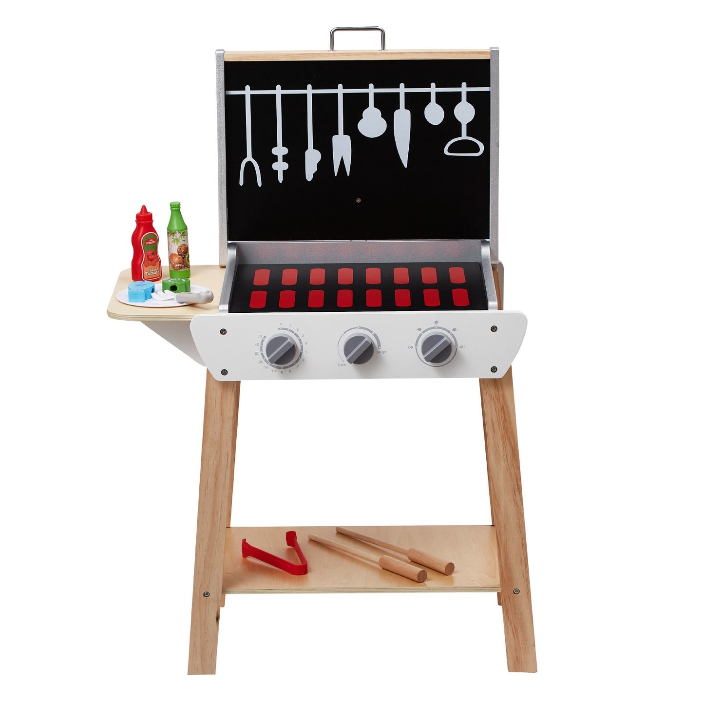 Spielzeuggrill aus Holz, Kindergrill-Set mit Spielzeugessen und Grillbesteck, Küchenzubehör aus Holz (21-teilig), Kochspielzeug für Kleinkinder ab 3 Jahren, Geschenkidee