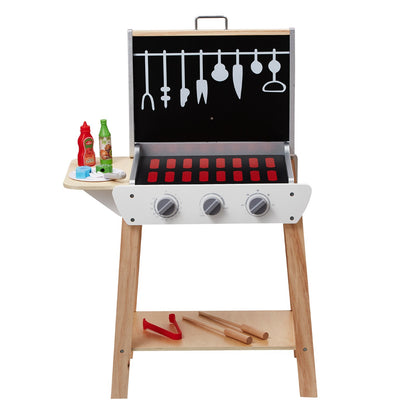 Spielzeuggrill aus Holz, Kindergrill-Set mit Spielzeugessen und Grillbesteck, Küchenzubehör aus Holz (21-teilig), Kochspielzeug für Kleinkinder ab 3 Jahren, Geschenkidee