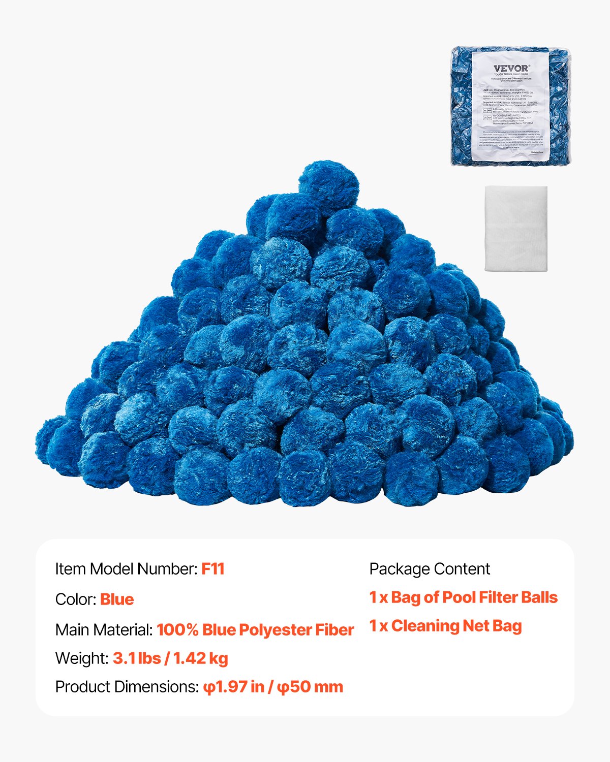 Pool Filter Balls for Sand Filter, 1.4 kg/3.1 lbs, Filter Balls Replace Pool Filter Sand, Reusable Blue Polyester Fiber Filter Media with Wash Bag, for Swimming Pool Aquarium Tank Above Ground Pool