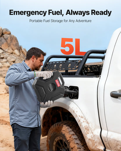 Fuel Container, 5 L, Gas Can with Spout and Lockable Bracket, 15 L/min Max Flow Rate, Secure & Leak-proof, Portable Flat Fluid Container for Most Cars Motorcycle ATV UTV, Black